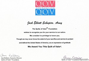 Certificate from Quilts of Valor presented to Jack Elliot Schapiro